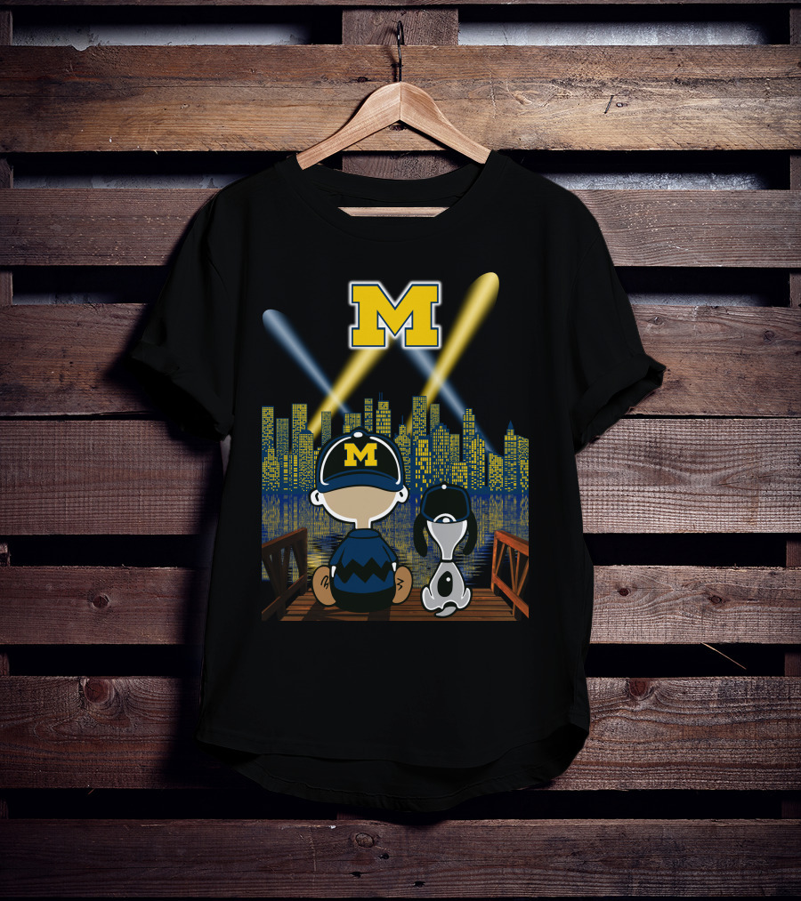 M Michigan Wolverines City By Night Skyline And Characters T-Shirt