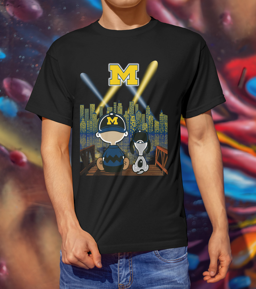 M Michigan Wolverines City By Night Skyline And Characters T-Shirt