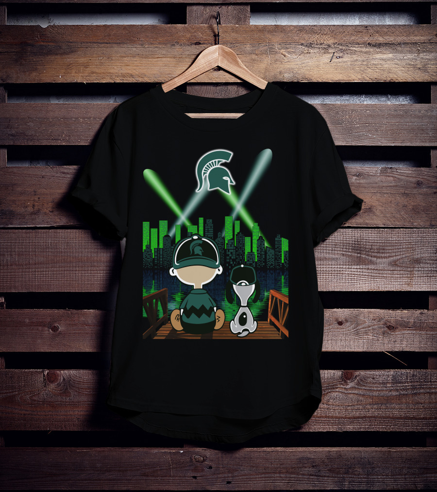 Michigan State Spartans Night City Skyline With Cartoon Characters And Spartan T-Shirt