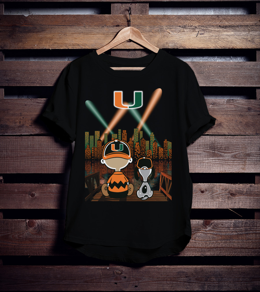 Miami Hurricanes City By Night Skyline Reflections With Characters T-Shirt