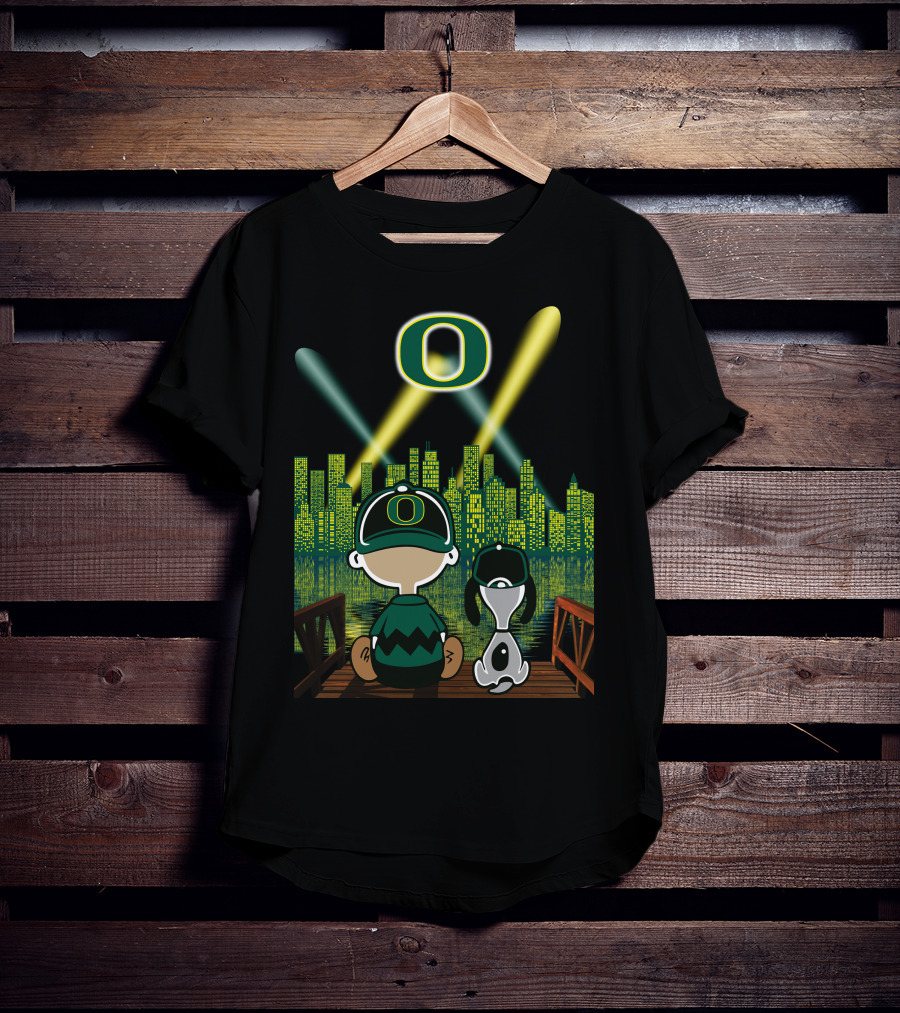 Oregon Ducks Nighttime Cityscape With Cartoon Characters And Stadium Lights T-Shirt