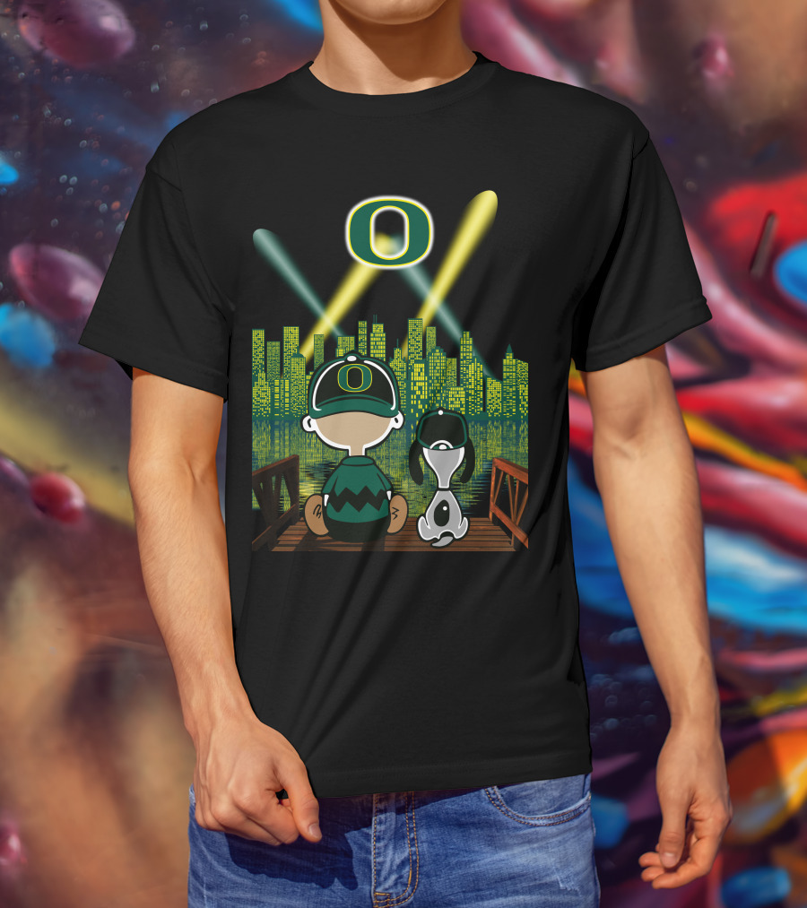 Oregon Ducks Nighttime Cityscape With Cartoon Characters And Stadium Lights T-Shirt