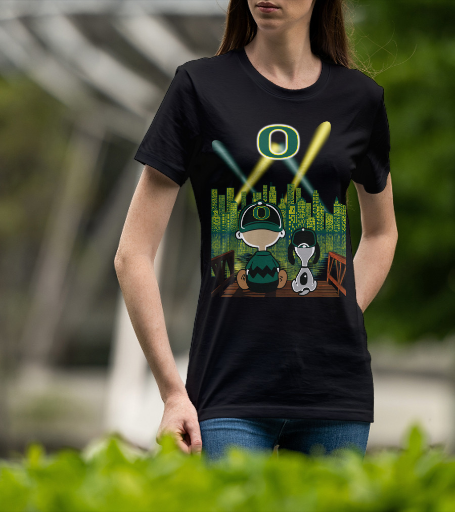 Oregon Ducks Nighttime Cityscape With Cartoon Characters And Stadium Lights T-Shirt