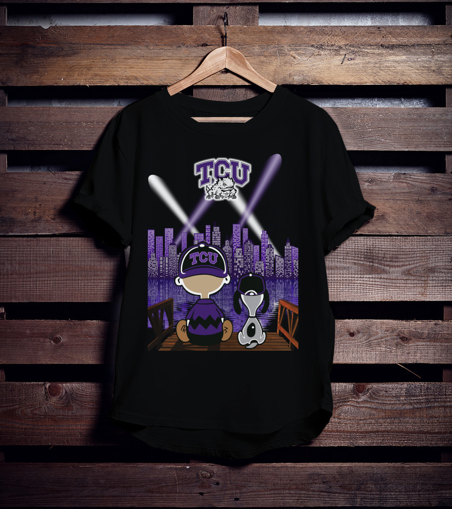Tcu Horned Frogs City Skyline Night Scene With Mascot And Dog T-Shirt