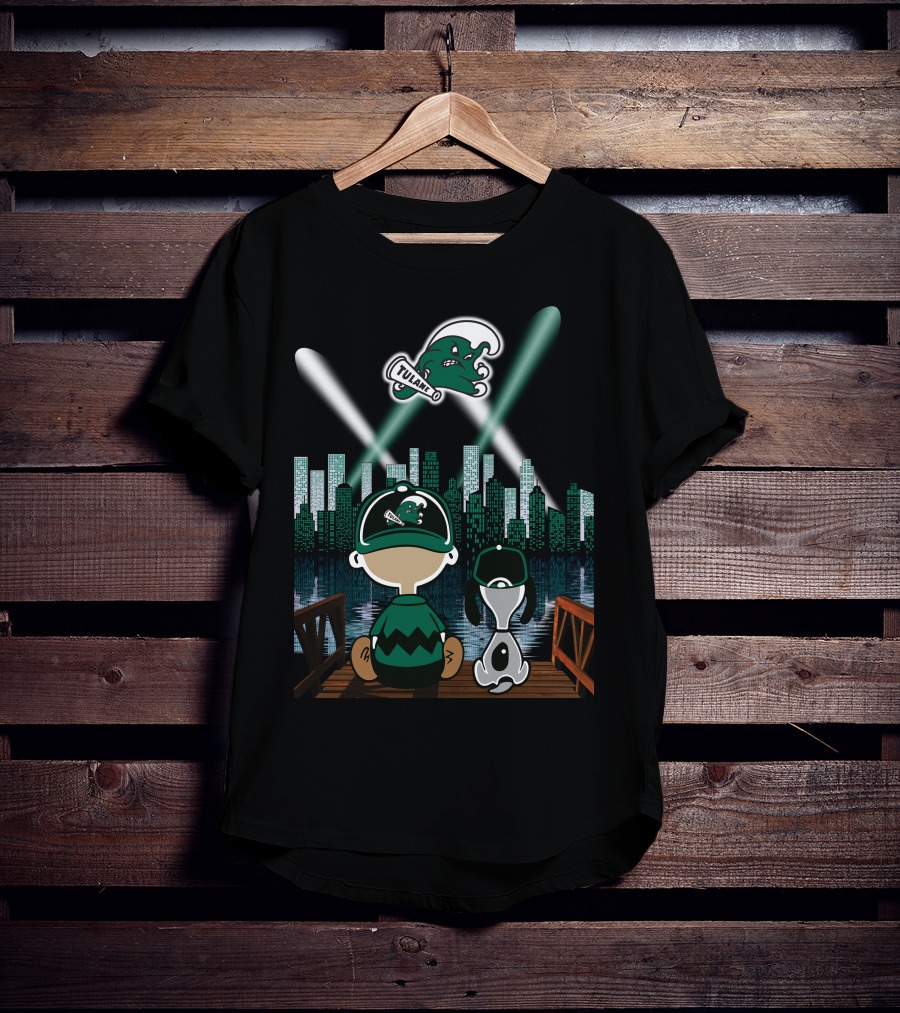 Tulane Green Wave City Skyline Featuring Iconic Characters And Baseball Cap Logo By Night T-Shirt