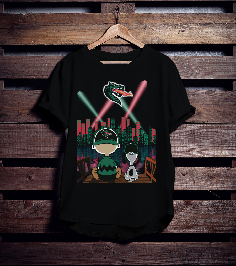 Uab Blazers Dragon Logo Over City Skyline With Cartoon Characters On Bridge At Night T-Shirt