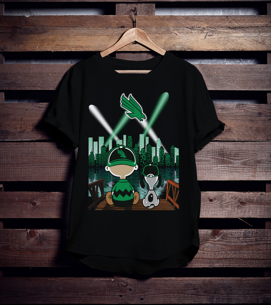 North Texas Mean Green City By Night Skyline With Cartoon Characters And Flying Bird T-Shirt