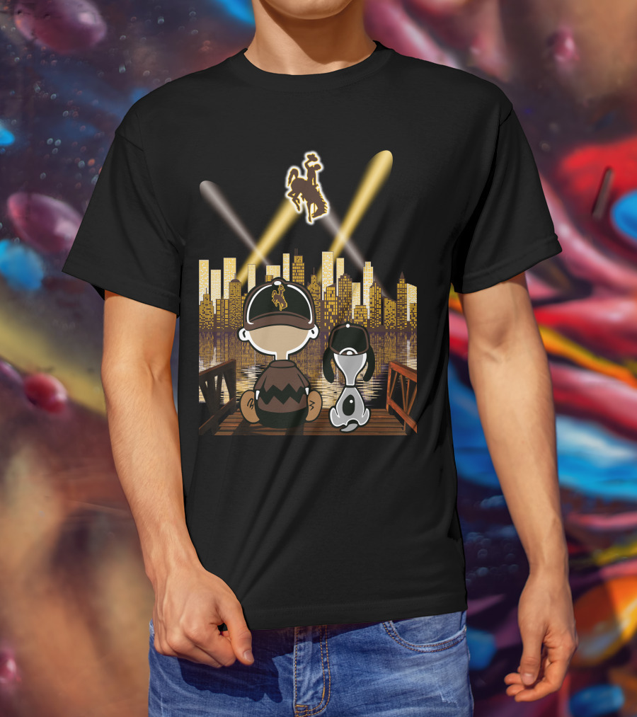 Wyoming Cowboys Skyline Spotlight Views With Cartoon Characters T-Shirt