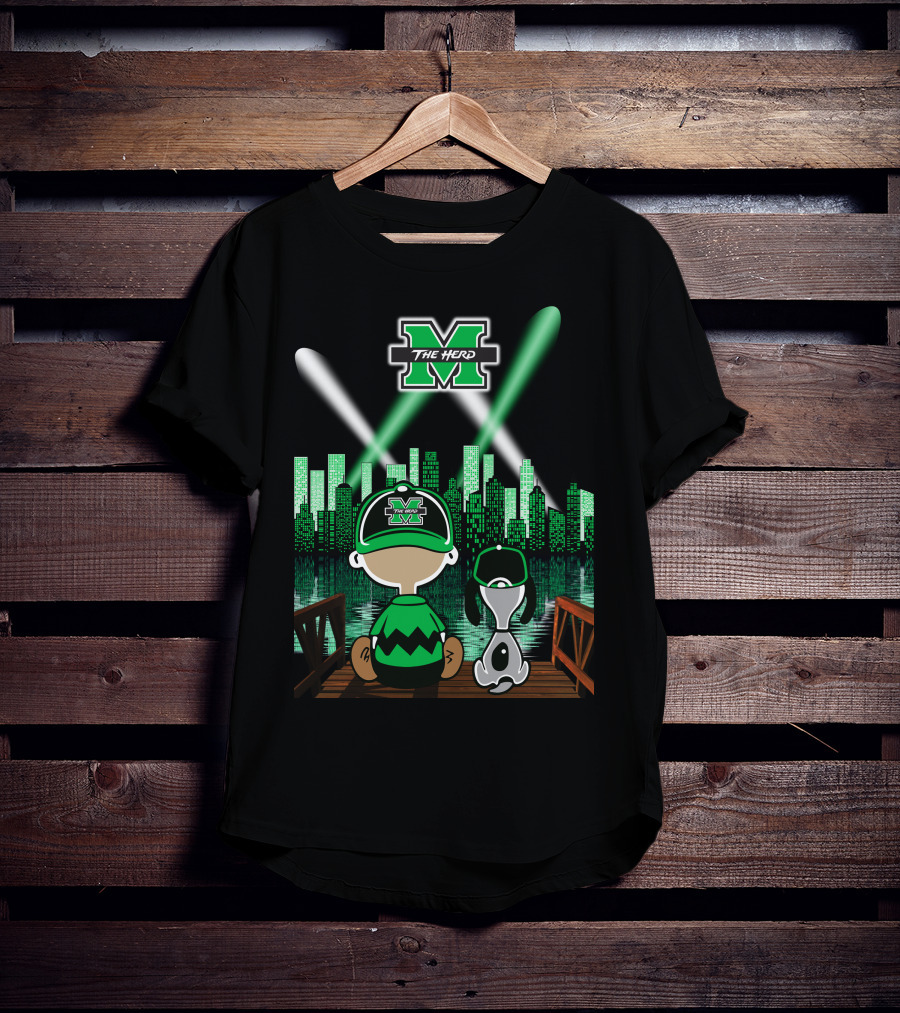 Marshall Thundering Herd Night Cityscape With Mascot And Dog On Bridge T-Shirt