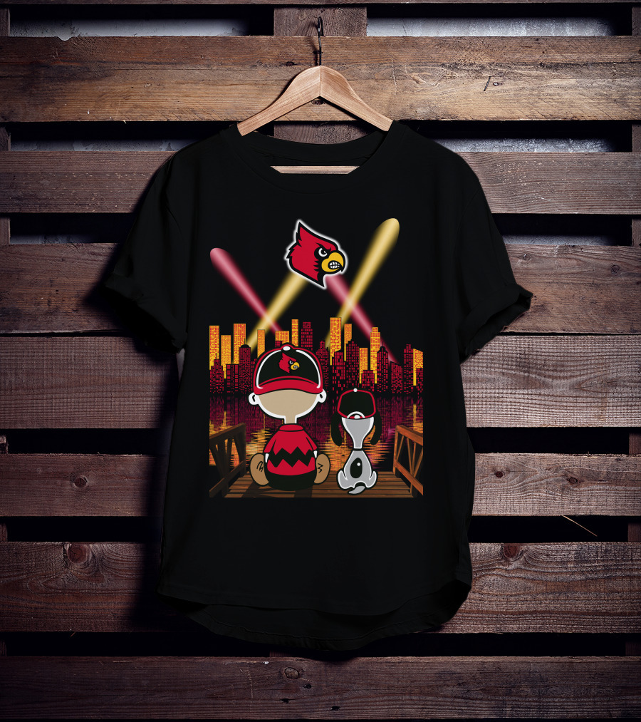 Louisville Cardinals City Lights With Characters Looking At Skyline T-Shirt