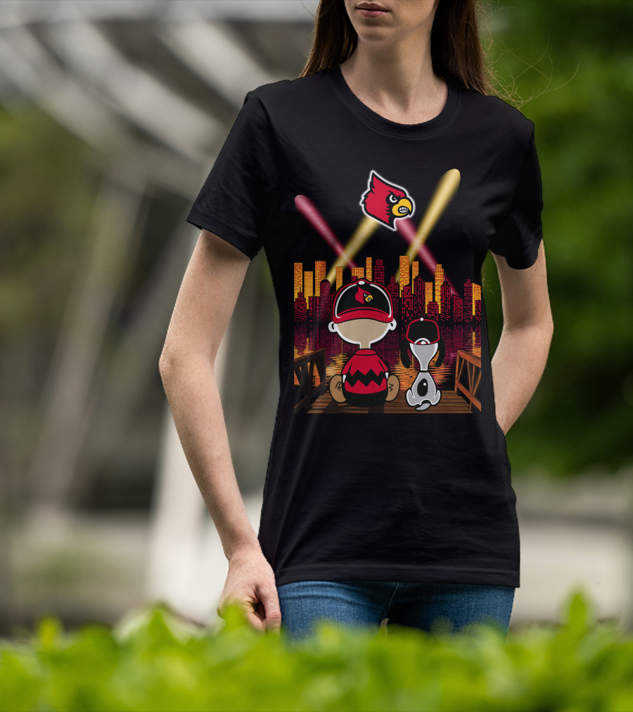 Louisville Cardinals City Lights With Characters Looking At Skyline T-Shirt