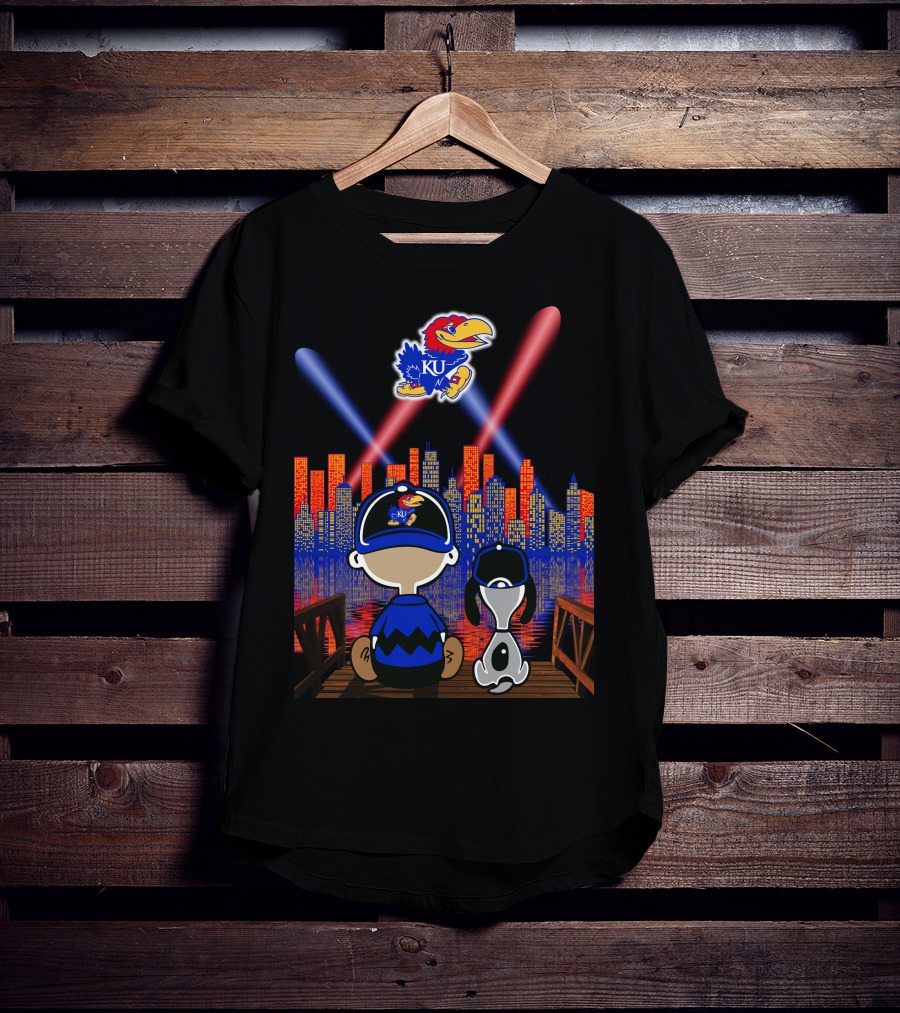 Kansas Jayhawks City Skyline Night Reflections With Mascot And Dog T-Shirt
