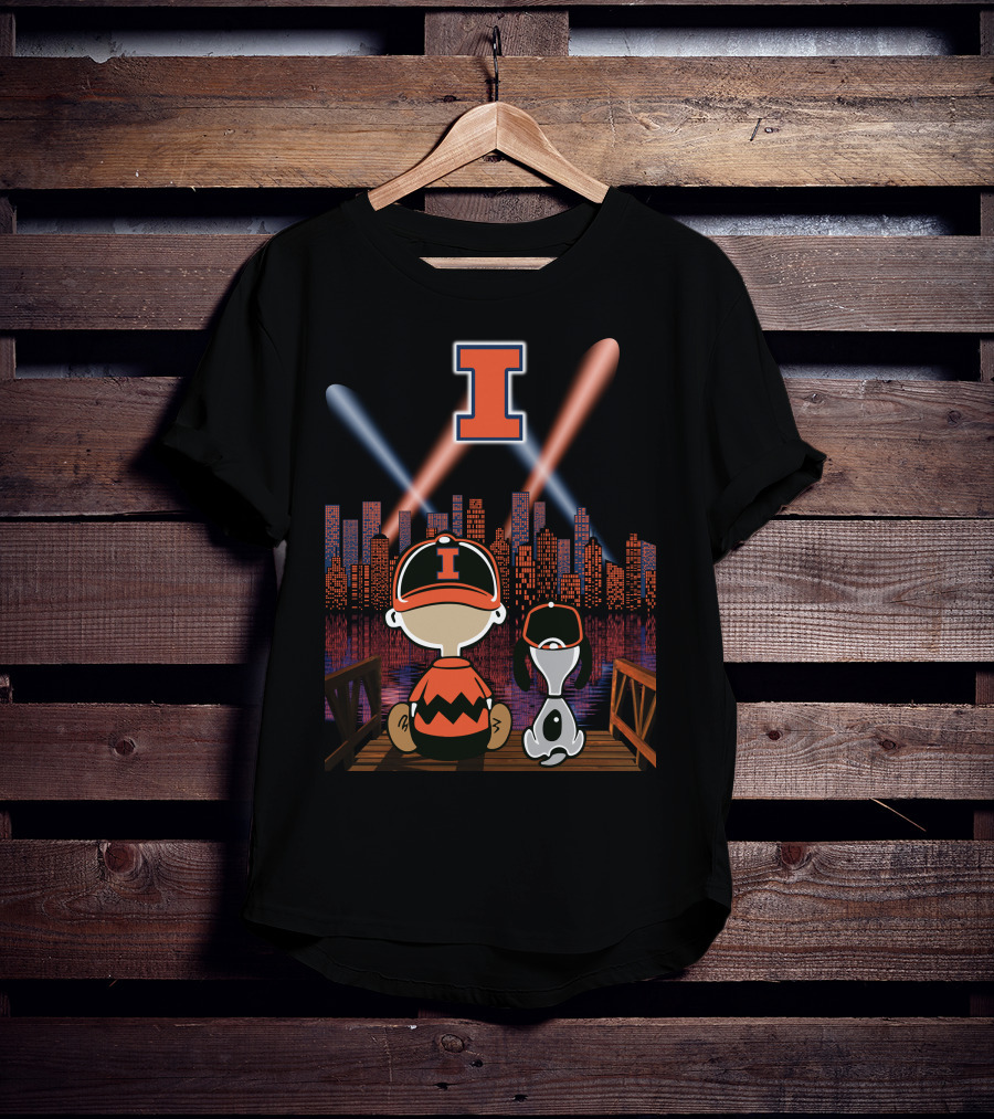 Illinois Fighting Illini Cityscape Nighttime Scene With Iconic Characters And Letter I T-Shirt