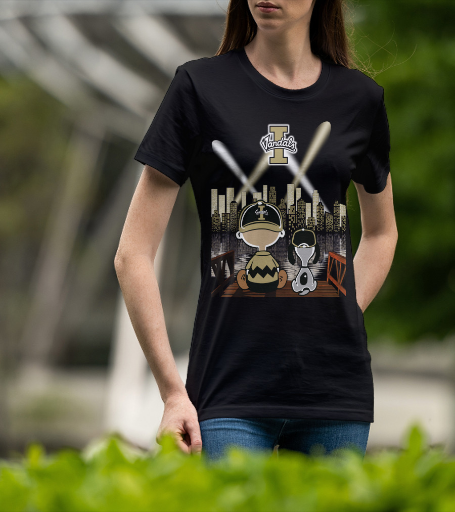 Vandals Idaho City Skyline At Night With Cartoon Characters T-Shirt