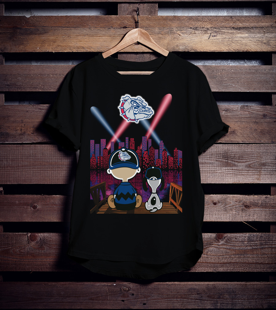Gonzaga Bulldogs Night Cityscape With Skyline And Cartoon Characters T-Shirt