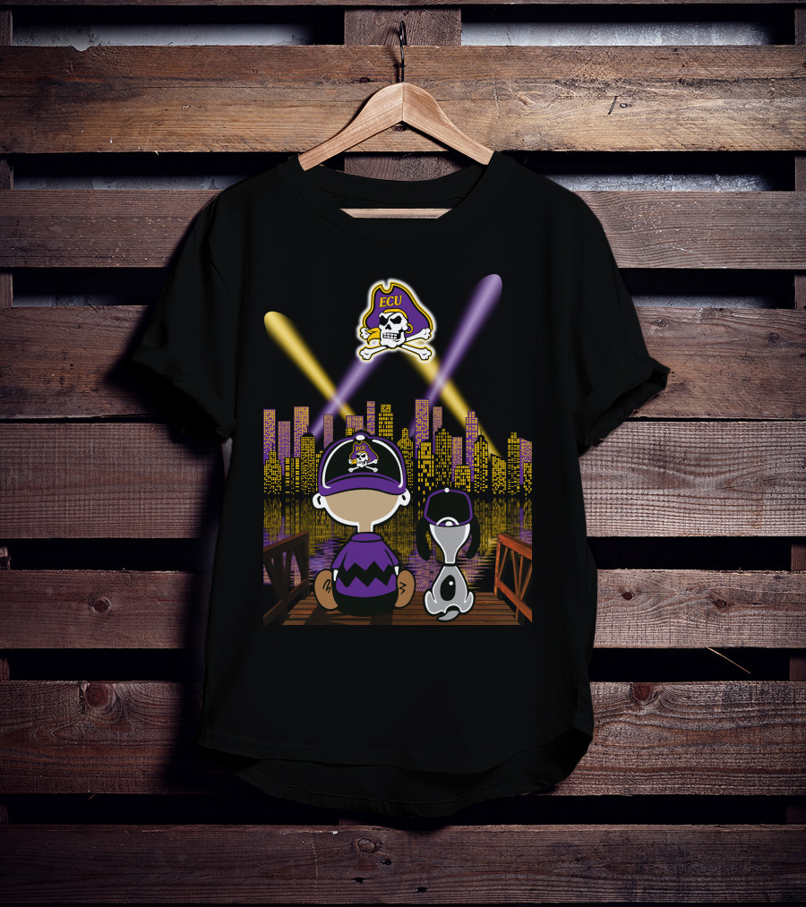 East Carolina Pirates Night Cityscape With Ecu Skull Logo And Characters T-Shirt
