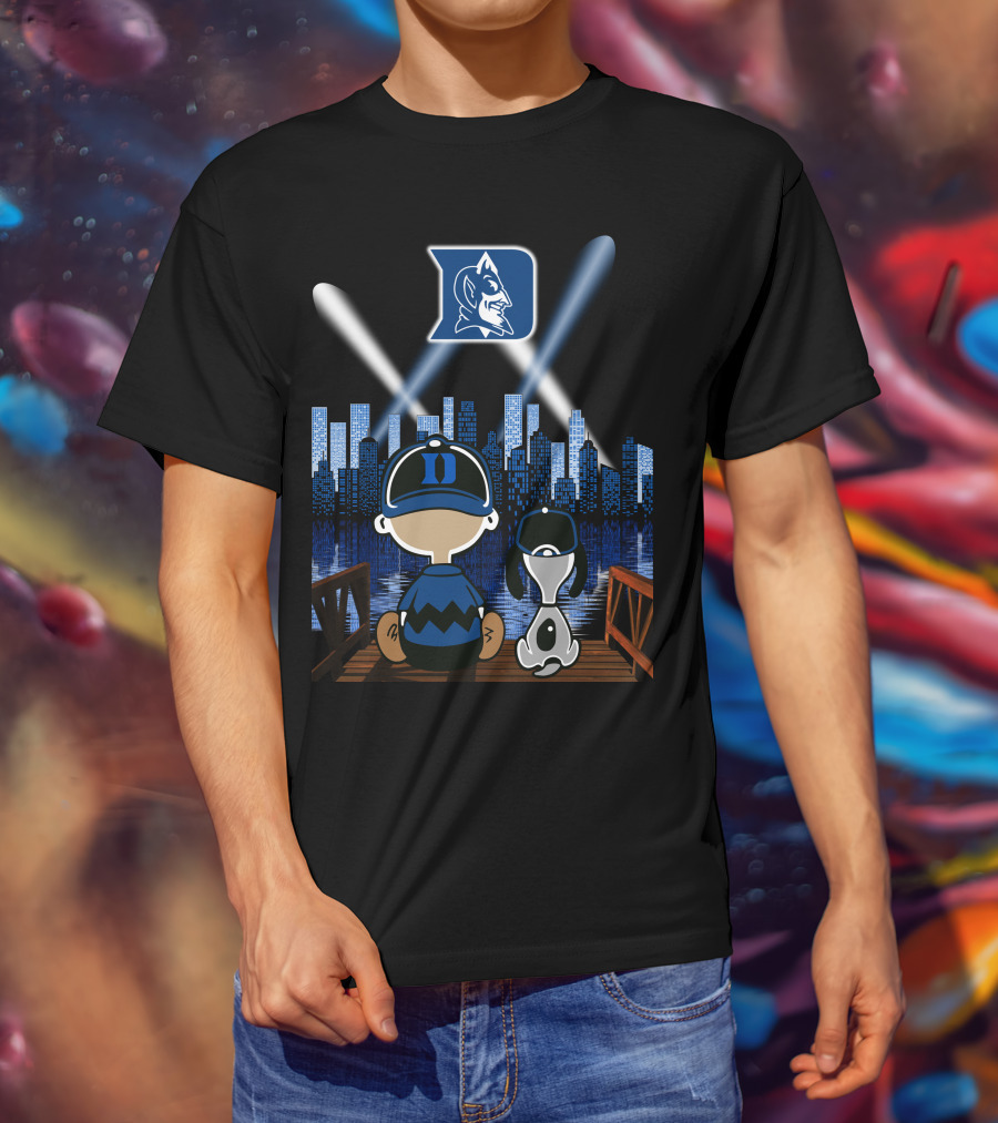 Duke Blue Devils Skyline Night With Iconic Characters T-Shirt