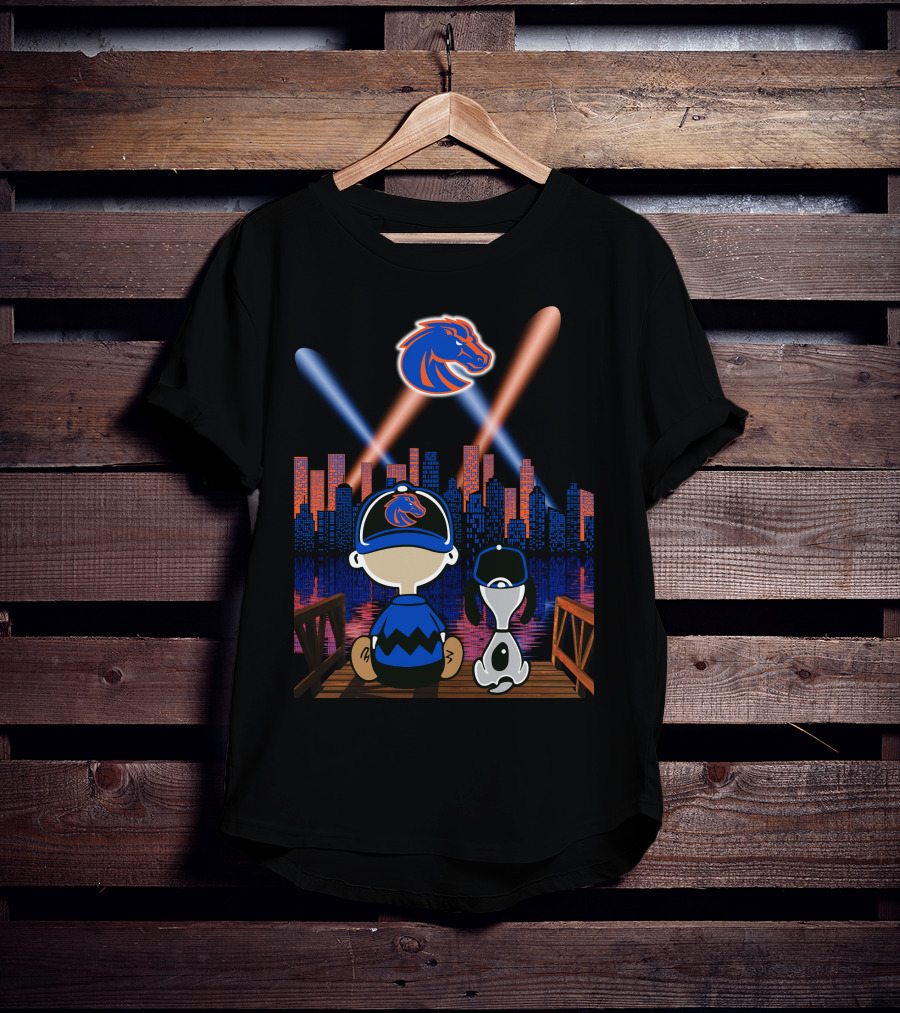 Boise State Broncos City Night Skyline With Cartoon Characters T-Shirt