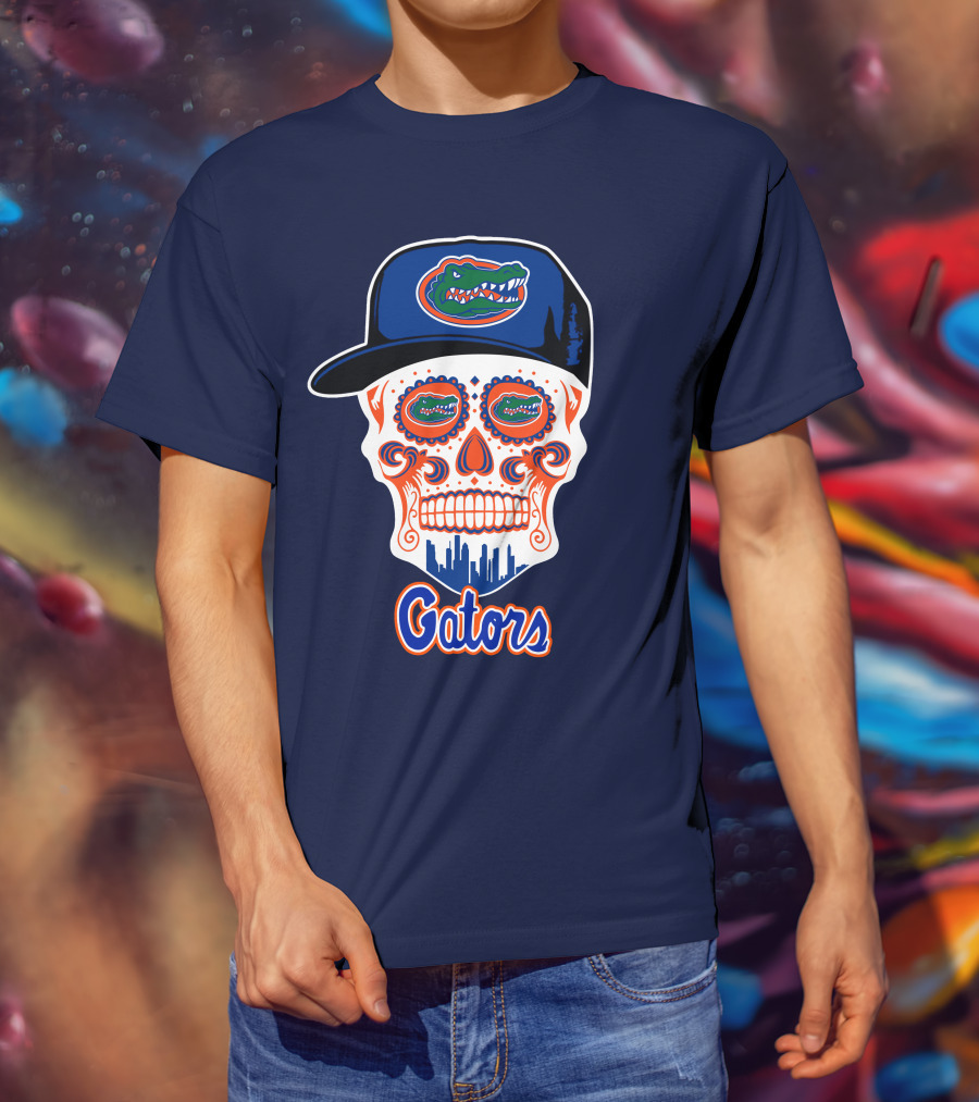 Florida Gators Skull With Alligator Logo And Hat Blue Orange T-Shirt