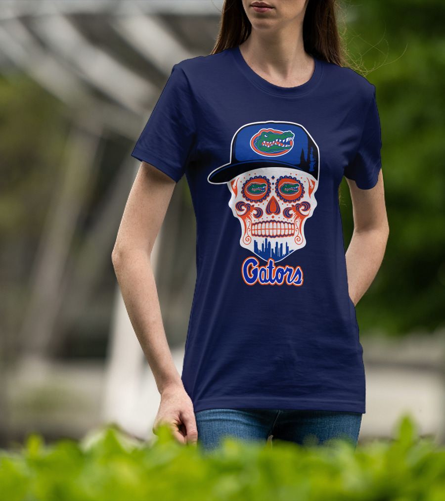 Florida Gators Skull With Alligator Logo And Hat Blue Orange T-Shirt