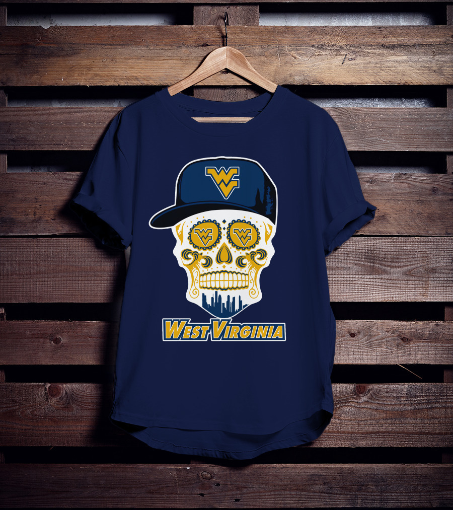 West Virginia Mountaineers Skull Design With Wv Cap And Skyline T-Shirt