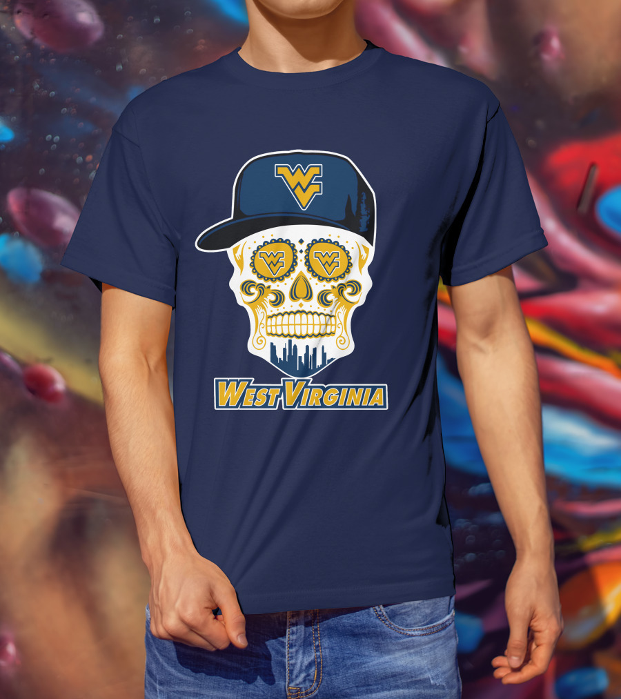 West Virginia Mountaineers Skull Design With Wv Cap And Skyline T-Shirt
