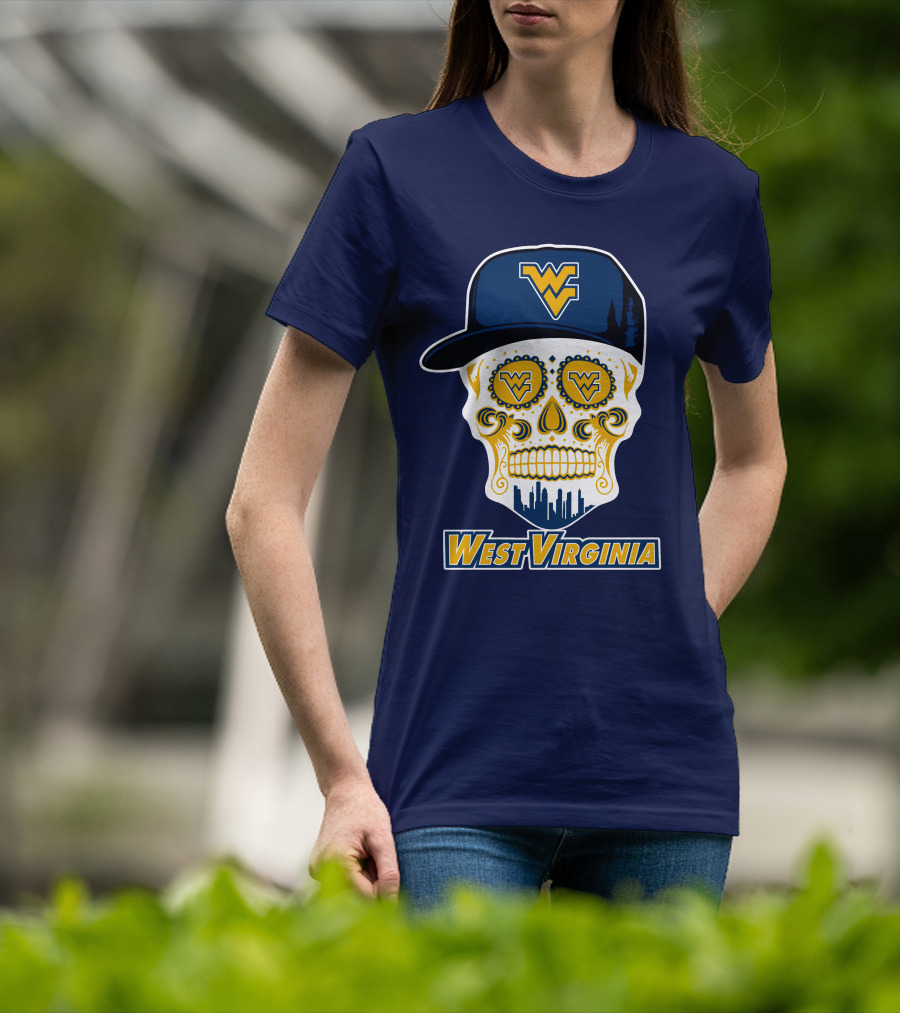 West Virginia Mountaineers Skull Design With Wv Cap And Skyline T-Shirt