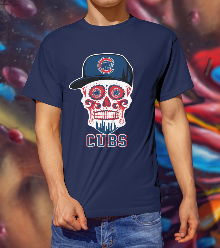 Chicago Cubs Skull With Cap Cityscape Fun T-Shirt