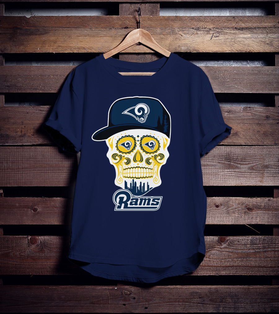 Los Angeles Rams Skull Iconic Rams Logo In Cap Funny T-Shirt