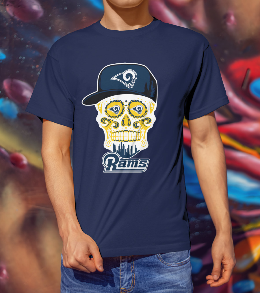 Los Angeles Rams Skull Iconic Rams Logo In Cap Funny T-Shirt