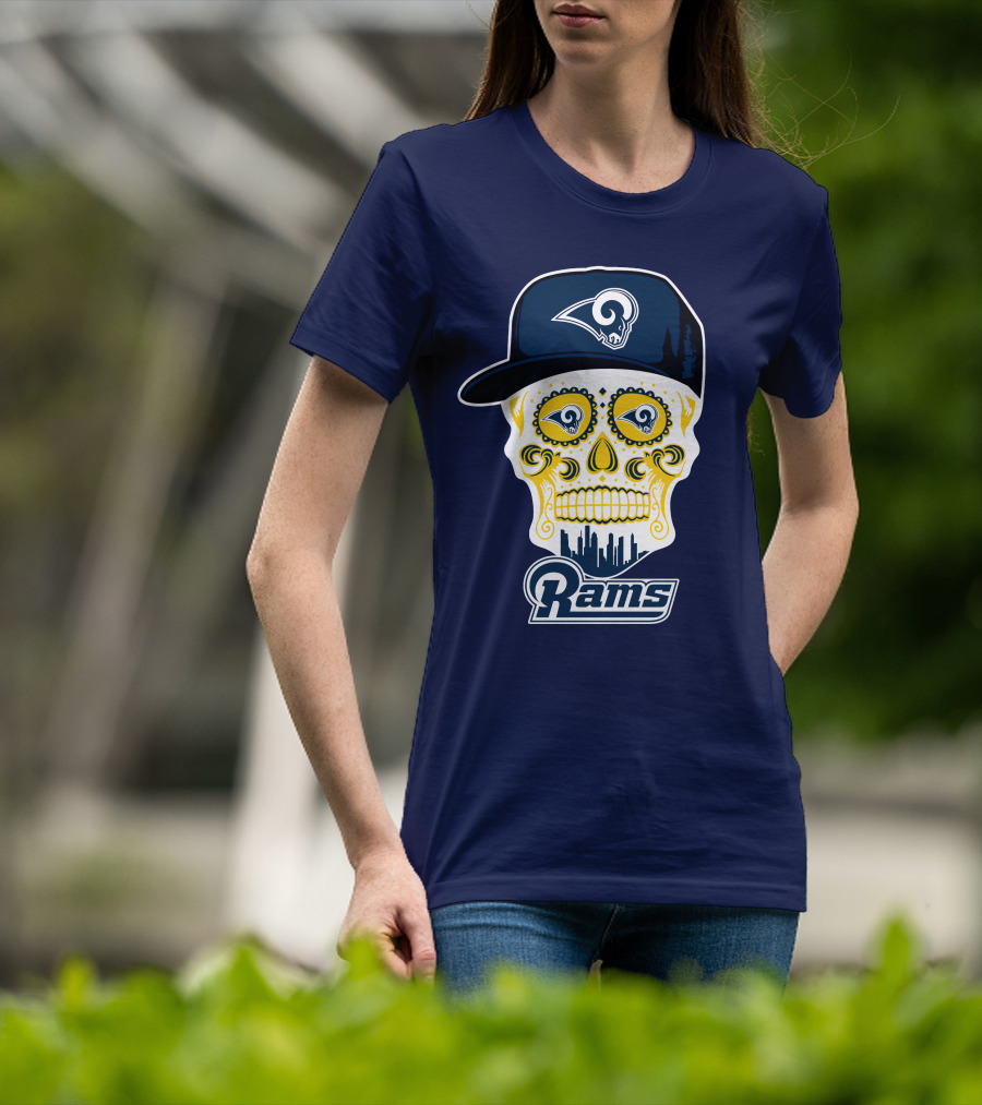 Los Angeles Rams Skull Iconic Rams Logo In Cap Funny T-Shirt