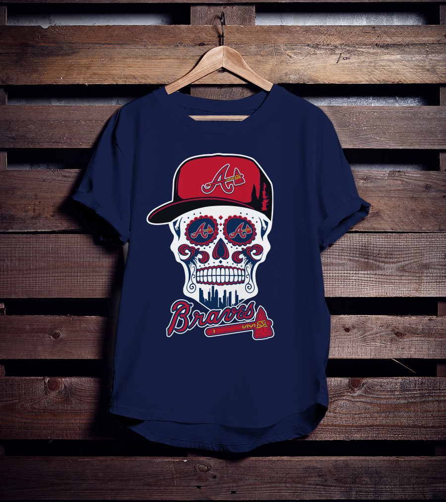 Atlanta Braves Skull With Baseball Cap And Tomahawk T-Shirt