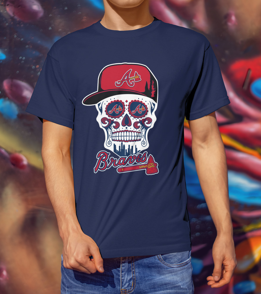 Atlanta Braves Skull With Baseball Cap And Tomahawk T-Shirt