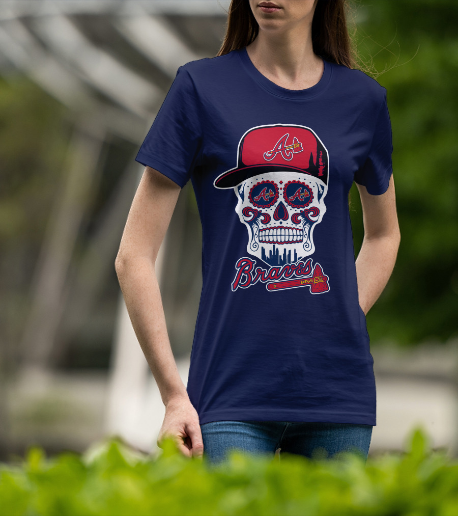 Atlanta Braves Skull With Baseball Cap And Tomahawk T-Shirt