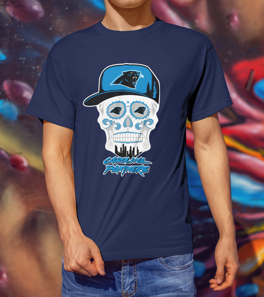 Carolina Panthers Skull Design With Panther Eyes And Cap T-Shirt
