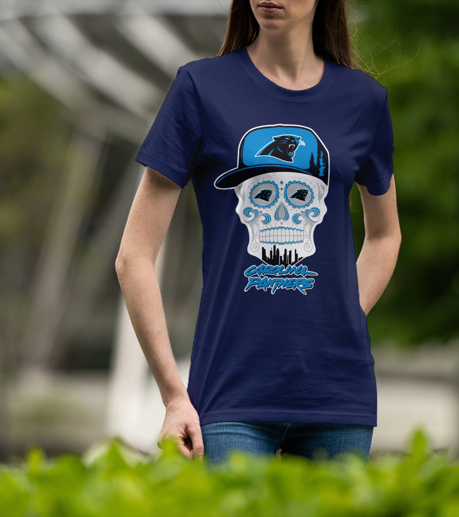 Carolina Panthers Skull Design With Panther Eyes And Cap T-Shirt