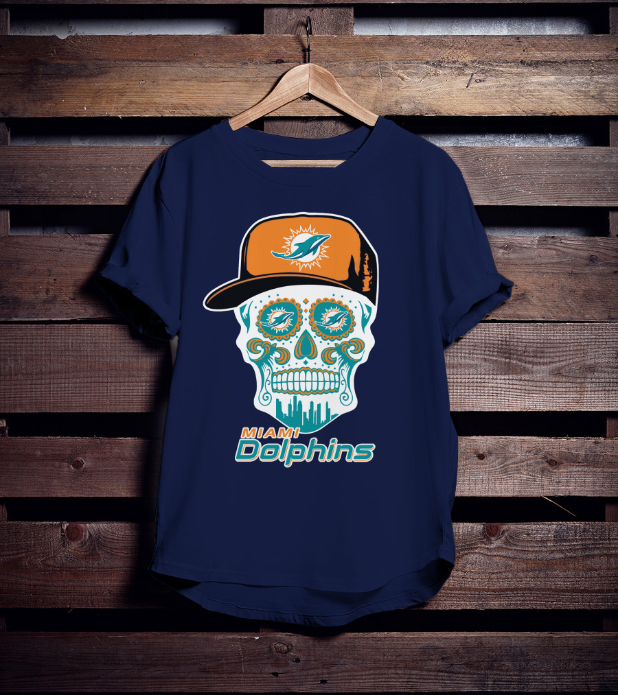 Miami Dolphins Sugar Skull Cap Art T-Shirt