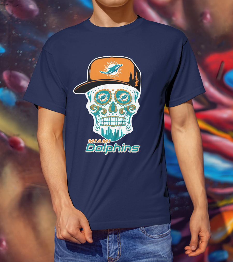 Miami Dolphins Sugar Skull Cap Art T-Shirt