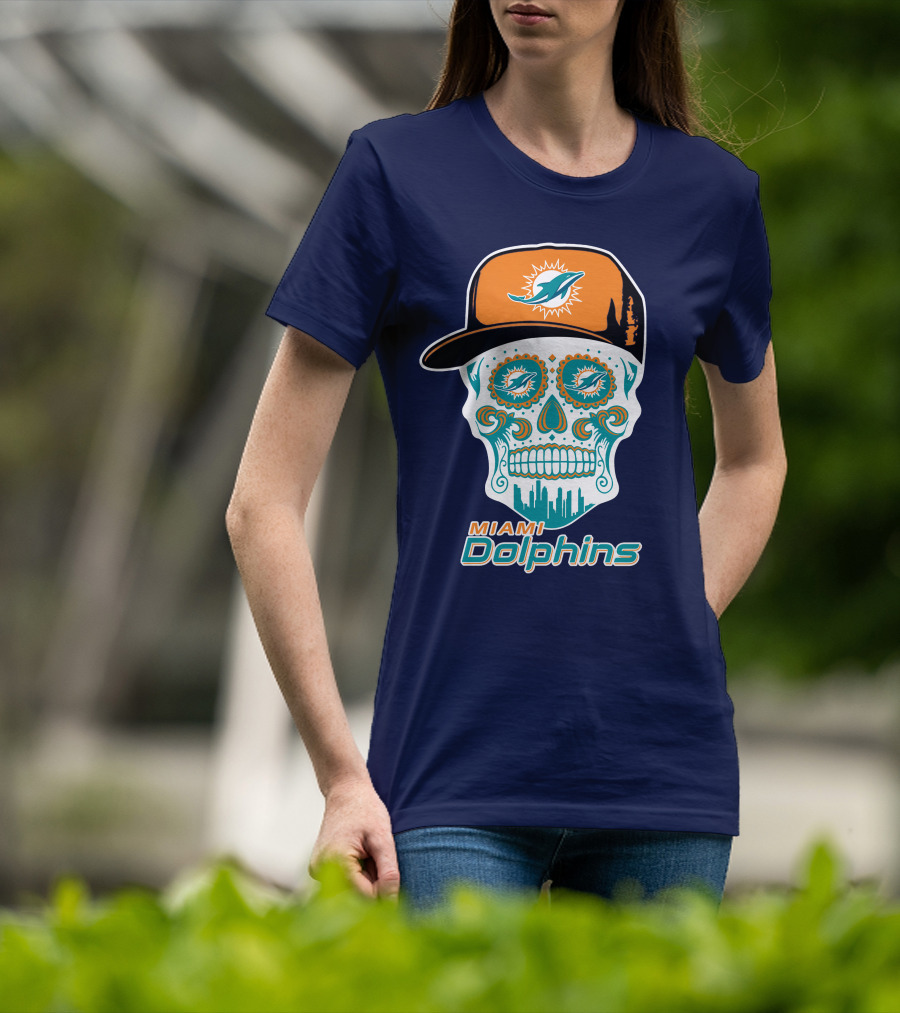 Miami Dolphins Sugar Skull Cap Art T-Shirt