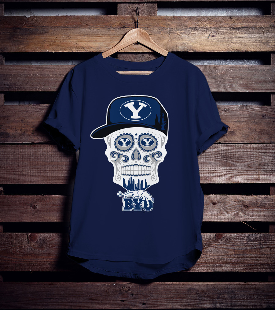 Byu Cougars Skull With Y Hat And Cityscape T-Shirt