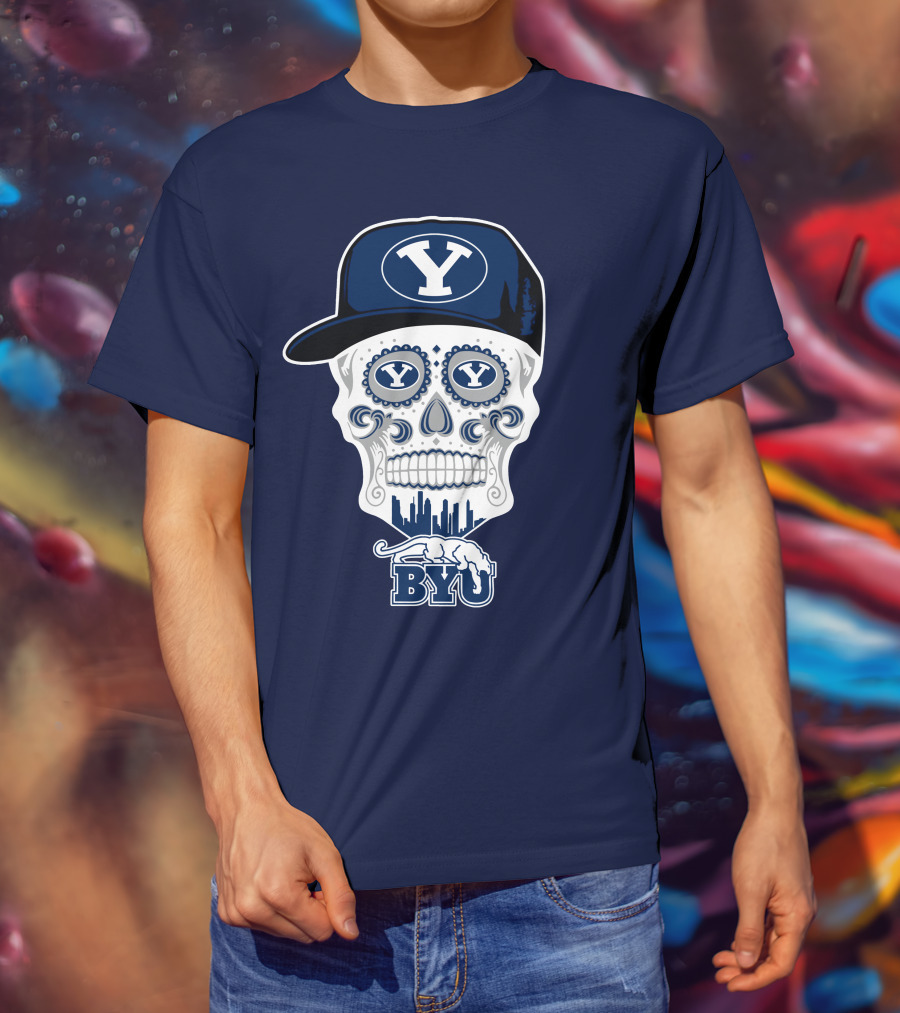 Byu Cougars Skull With Y Hat And Cityscape T-Shirt