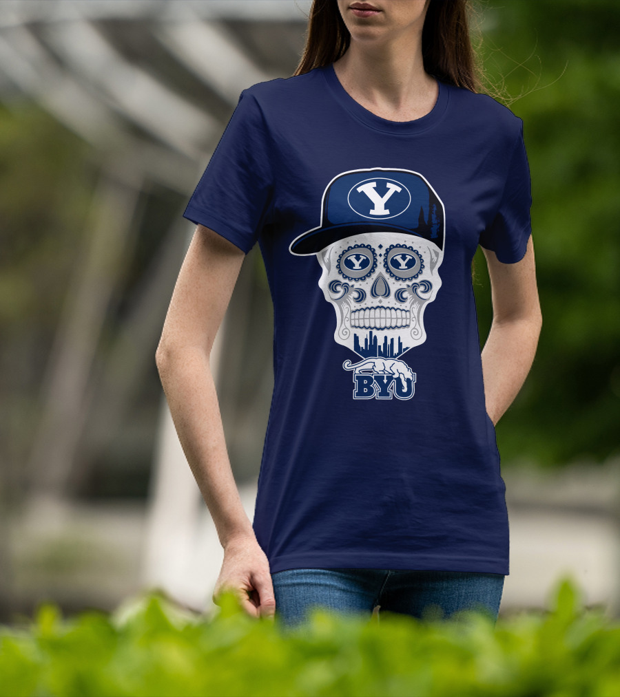 Byu Cougars Skull With Y Hat And Cityscape T-Shirt