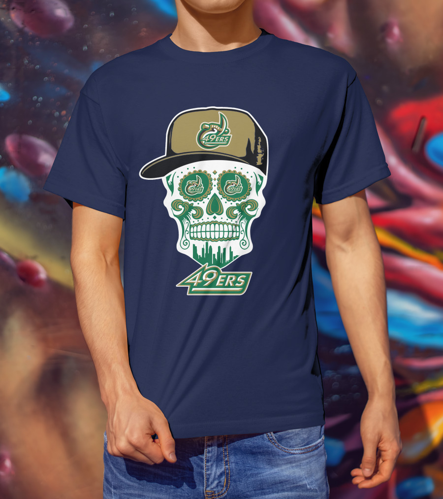 Charlotte 49ers Sugar Skull Green And Gold Logo With Hat T-Shirt