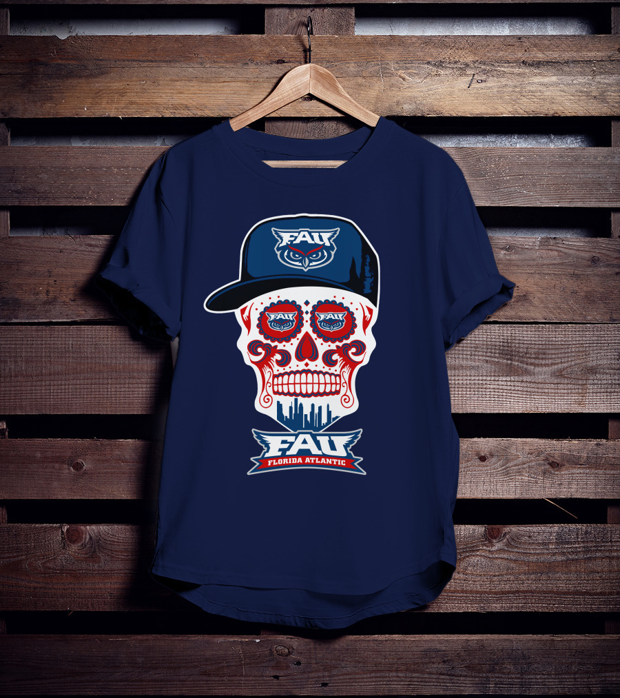 Fau Florida Atlantic Owls Sugar Skull With Cap T-Shirt
