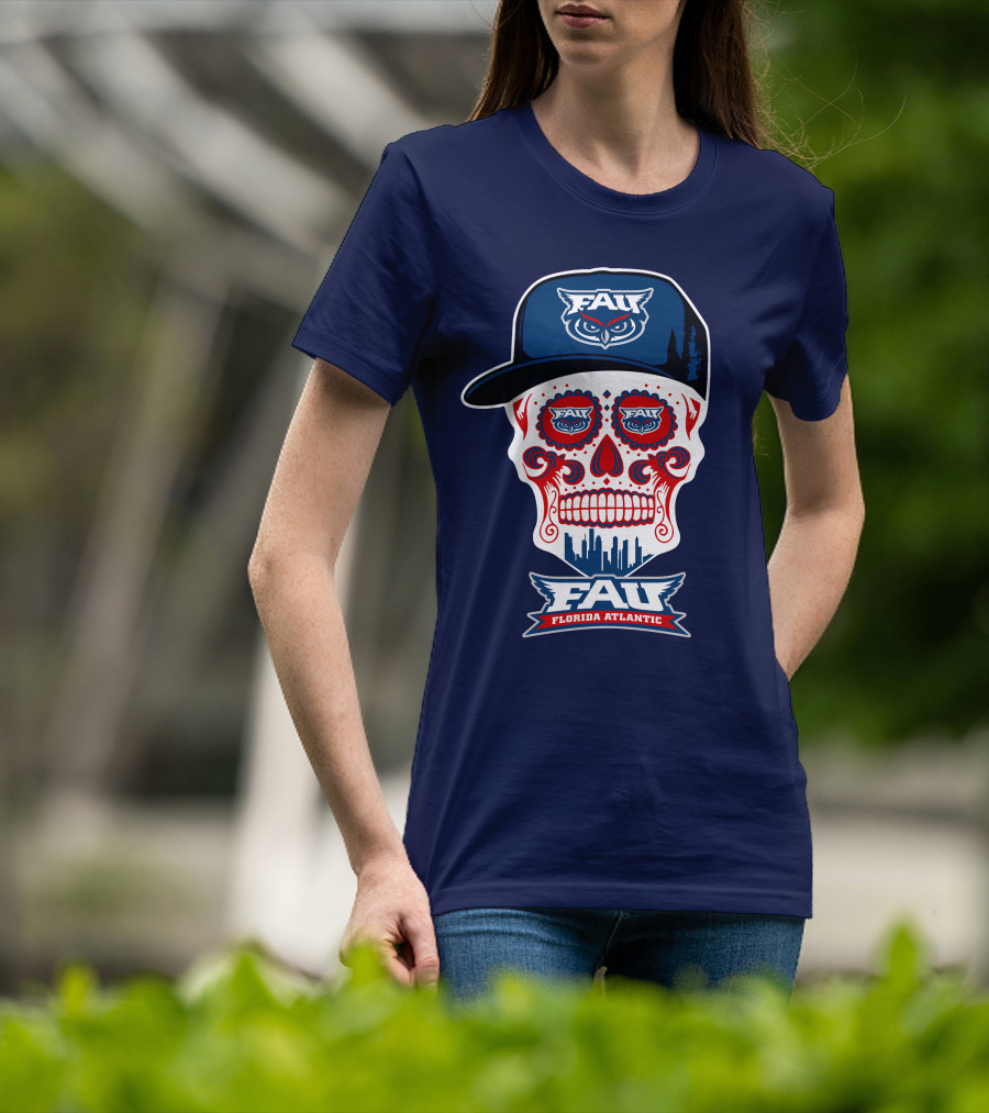 Fau Florida Atlantic Owls Sugar Skull With Cap T-Shirt