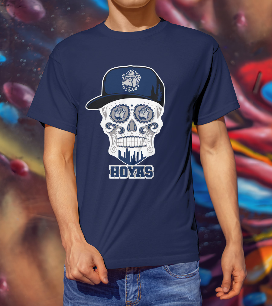 Georgetown Hoyas Skull With Bulldog Hat And Skyline T-Shirt