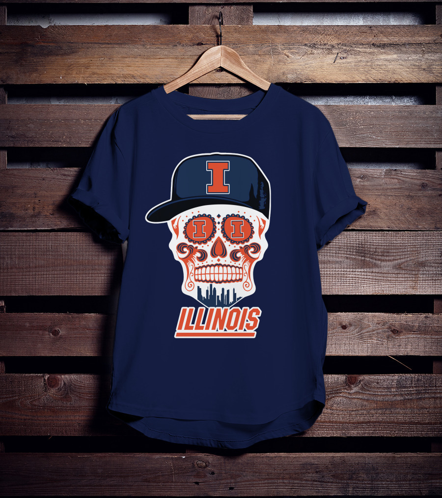 Illinois Fighting Illini Skull With Cap And Skyline T-Shirt