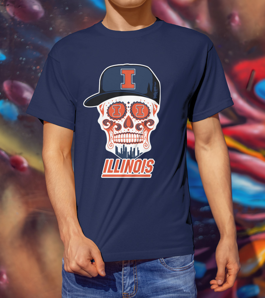 Illinois Fighting Illini Skull With Cap And Skyline T-Shirt