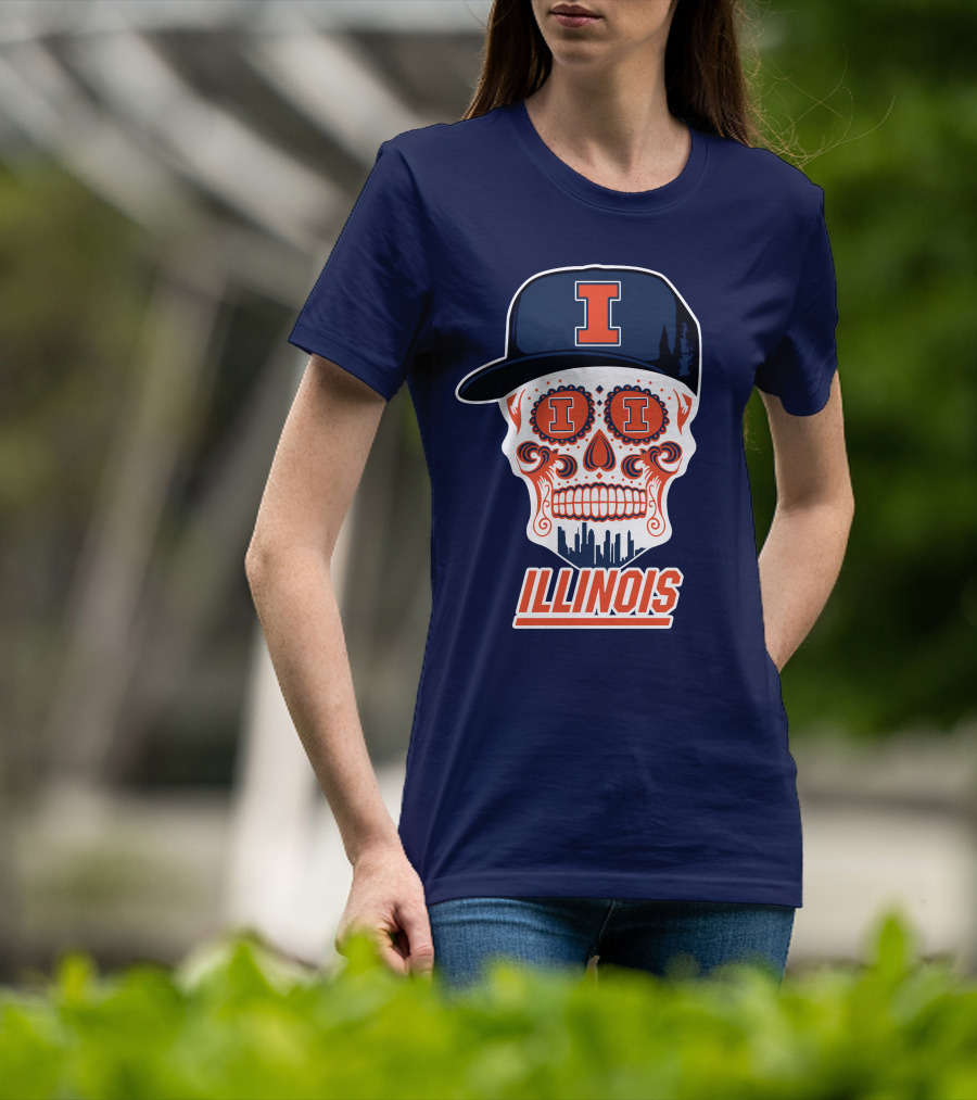Illinois Fighting Illini Skull With Cap And Skyline T-Shirt
