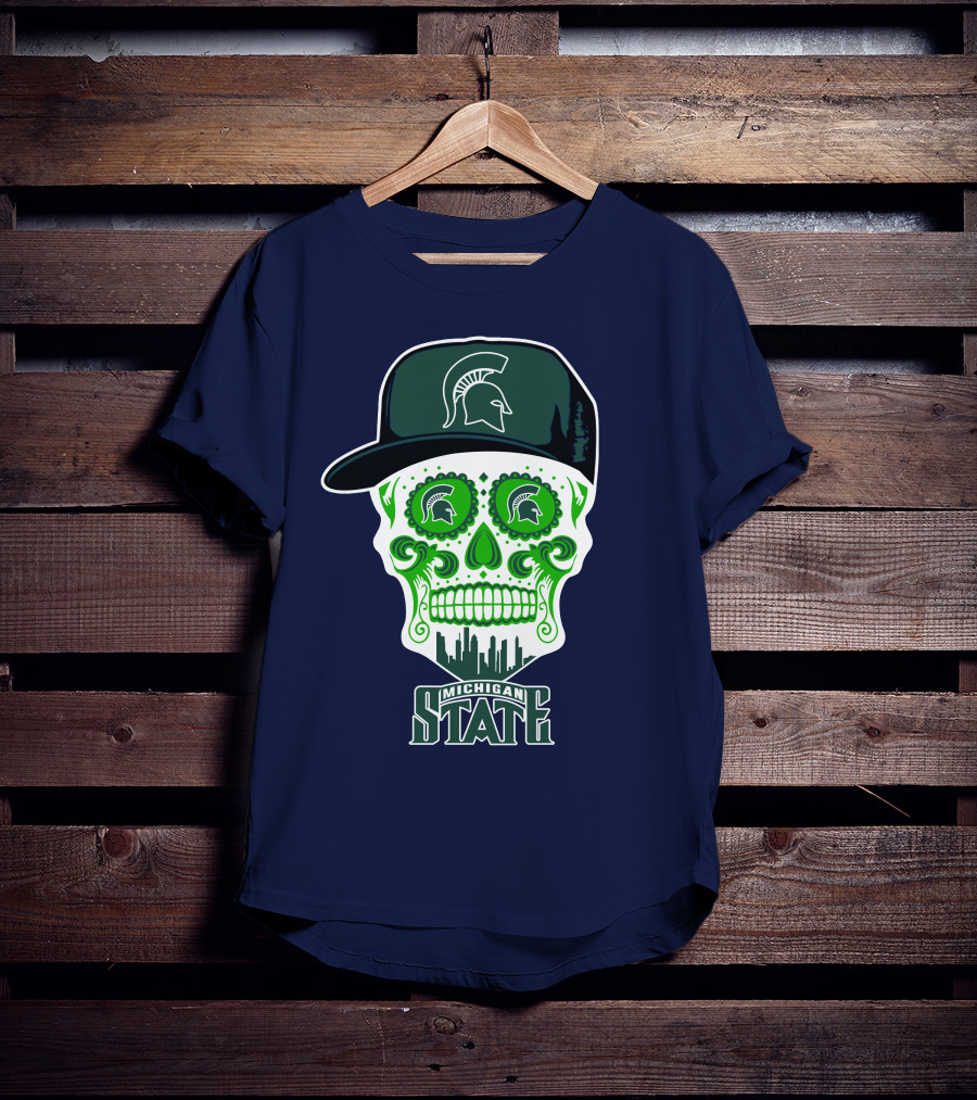 Michigan State Spartans Sugar Skull With Spartan Helmet Icon And City Skyline T-Shirt
